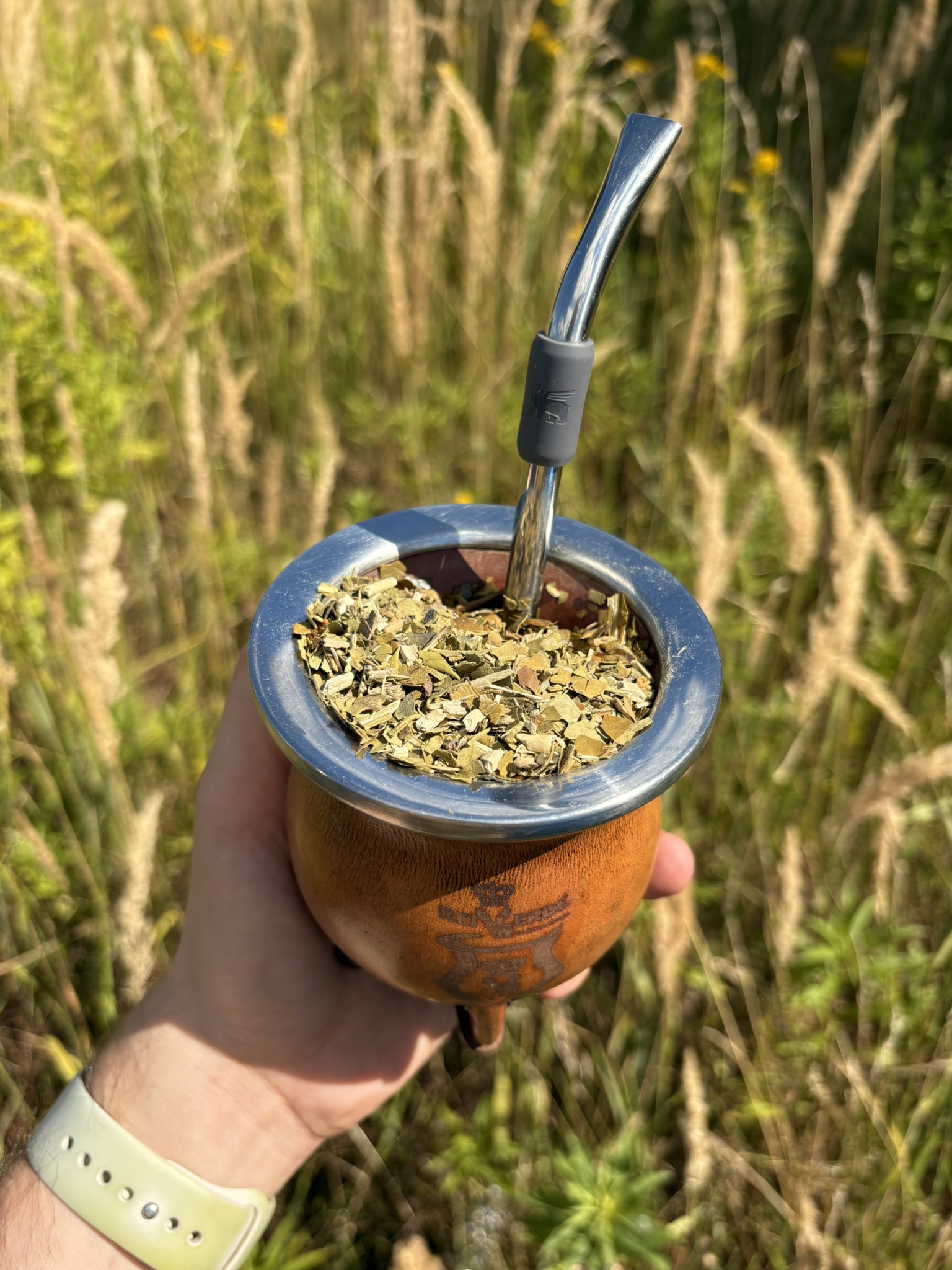 Traditionally prepared yerba mate in a leather-wrapped ceramic Camionero vessel